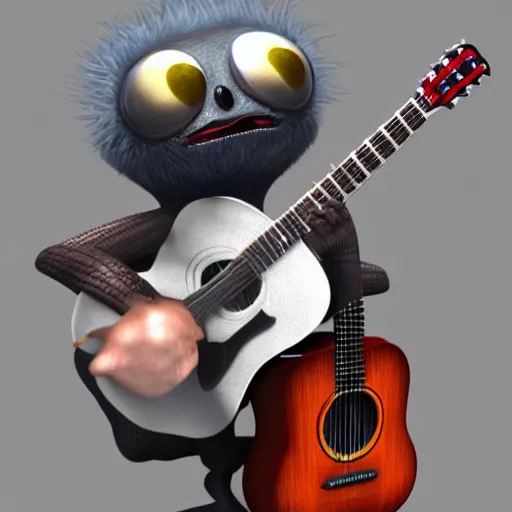 Image similar to medium shot, lucas the spider plays the guitar, 3 d art, zbrush, blender, oil painting