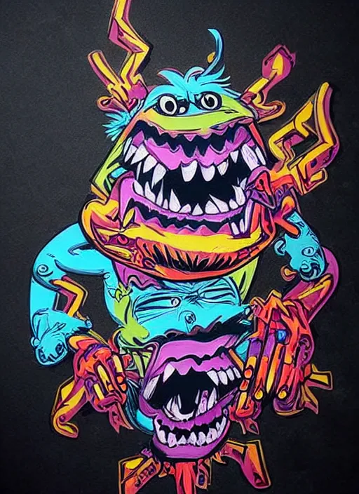 Image similar to beautiful graffiti monsters on black background paper