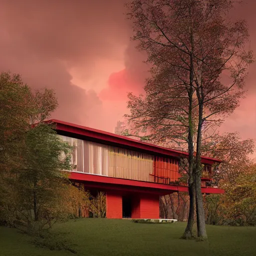 Prompt: modernist house inspired by a tibetan palace between big trees, red clouds, dramatic lighting, artstation, matte painting, raphael lacoste, simon stalenhag, frank lloyd wright, zaha hadid