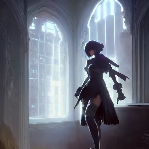 Image similar to highly detailed painting of 2 b nier automata, stephen bliss, 8 k, unreal engine, by greg rutkowski, loish, rhads, artgerm, ferdinand knab, makoto shinkai and lois van baarle, ilya kuvshinov, rossdraws, tom bagshaw, global illumination, radiant light, detailed and intricate environment