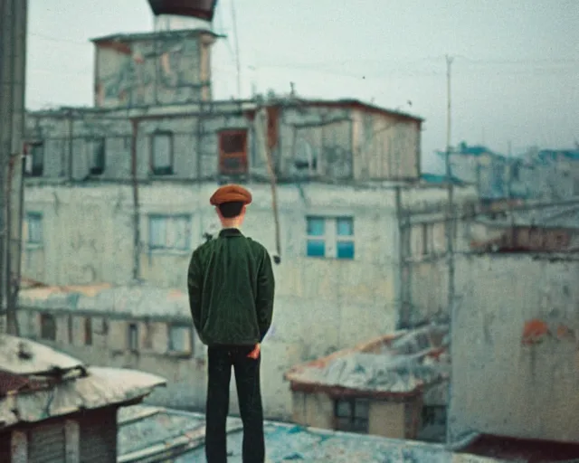 Image similar to lomo photo of man standing on the roof of soviet hrushevka, small town, cinestill, bokeh, out of focus