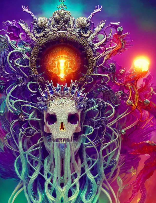 Image similar to goddess phoenix macro close - up portrait with crown made of ram skull. phoenix, betta fish, jellyfish, bioluminiscent, plasma, ice, water, wind, creature, super intricate ornaments artwork by tooth wu and wlop and beeple and greg rutkowski