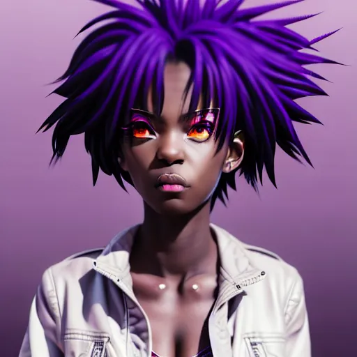 Prompt: portrait of black anime manga girl, boxer punch pose, french bob hair, white hair, wearing camo, purple eyes, by gustave dore, vaporwave colors, lofi colors, vaporwave, lofi, goth vibe, 4 k, smooth, hd, substance designer render, full body character concept art, symmetrical, 2 point lighting,