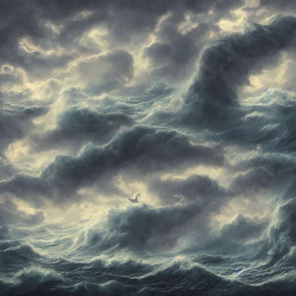 Image similar to a fantasy book style portrait of a giant dragon, stormy sea, giant waves, lightning, small boat, oil painting, 4 k