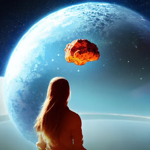 Image similar to a girl on a hill watching a flaming asteroid fall from space, octane render very realistic beatiful