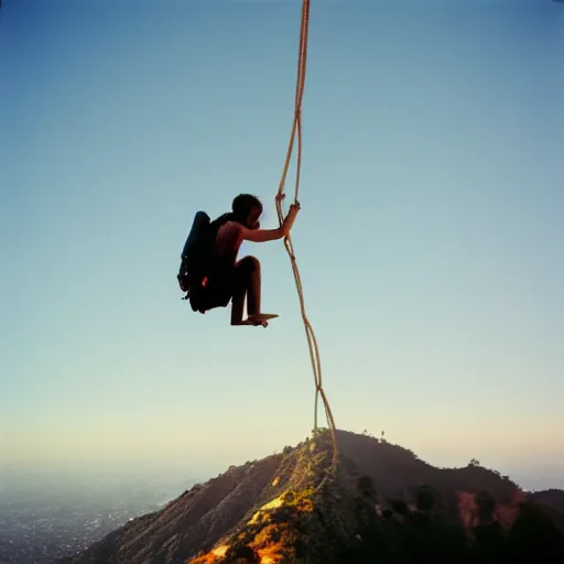 Prompt: photo monkey climbing hollywood sign, cinestill, 800t, 35mm, full-HD