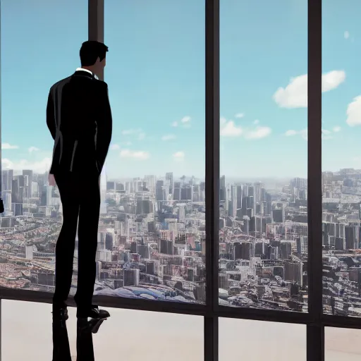 Image similar to a business cat in a suit, looking out at a skyline from a penthouse suite, cinematic, movie screenshot,