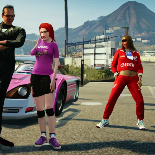 Image similar to A GTA 5 game loading screen featuring A Pterodactyl, Freddy Jrueger, a redhead Waifu, CHAPPIE in an Adidas track suit, and a TVR Sagaris