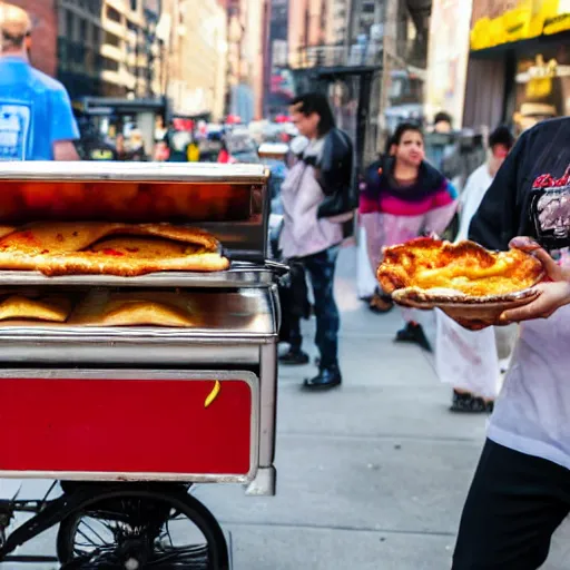 Prompt: Picture from NYTimes new trend in NYC - hot dog vendors selling deep fried pizza