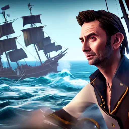 Image similar to david Tennant in the Sea of thieves, 85mm photography, ultra detailed, sharp focus, art by artgerm, 8k, game screenshot, hyperrealistic