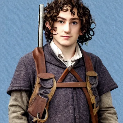 Prompt: british lad with short curly dark brown hair as a hobbit wearing a white men's crossbody sling chest bag and blue vest