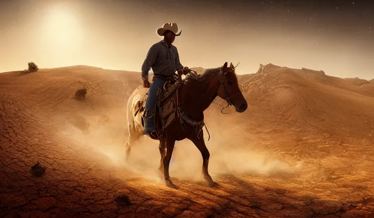 Prompt: cowboy ridding through the desert on a horse, sharp focus, intricate, elegant, digital painting, artstation, matte, highly detailed, concept art, illustration, volumetric lighting, bokeh light, art by greg olsen and liz lemon swindle