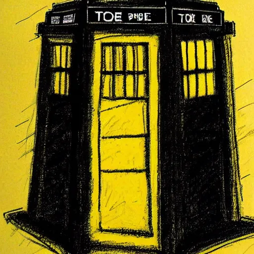 Prompt: neat sketch of Tardis, umbra, pastel, coal, yellow parchment by Rembrandt,