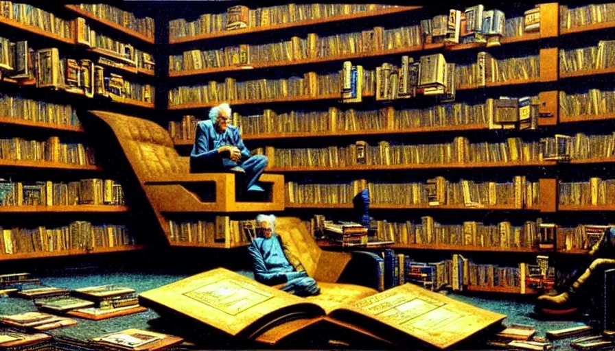 Prompt: inside cyberpunk library interior, stacks of books, a single old man sitting on a chair, by ralph mcquarrie and frank lloyd wright and bruce pennington and ted nasmith