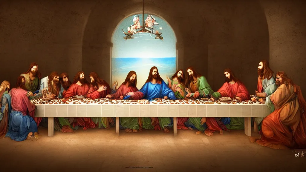 Image similar to beautiful last supper ” beautiful dreamscape, digital art, concept art, detailed, lovely colors, art station, 3 - d 4 k, beautiful background, matte painting,,