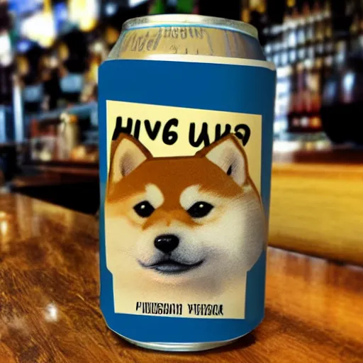 Prompt: a beer can label featuring a shiba inu