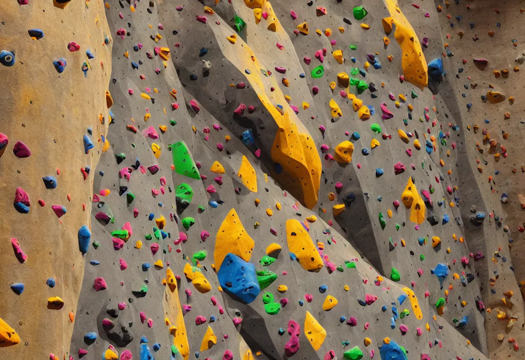 Prompt: a rock climbing wall, vibrant colors, high quality, 8 k, very detailed, intricate, high detail, extremely fine details, realistic shaded lighting, not cropped, extremely detailed, masterpiece, digital painting