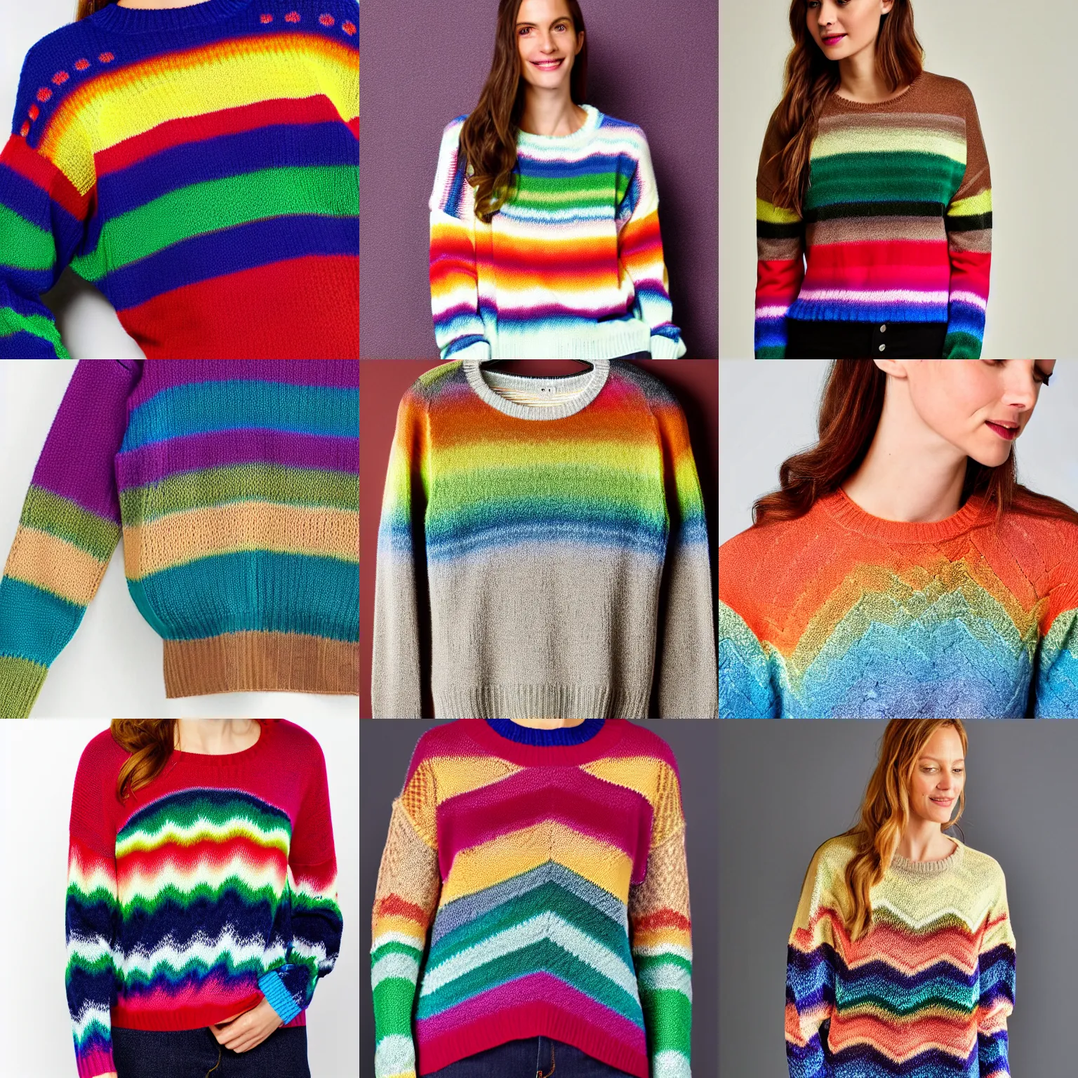 Prompt: loosely cropped product photo of a sweater with an earth toned rainbow chevron pattern