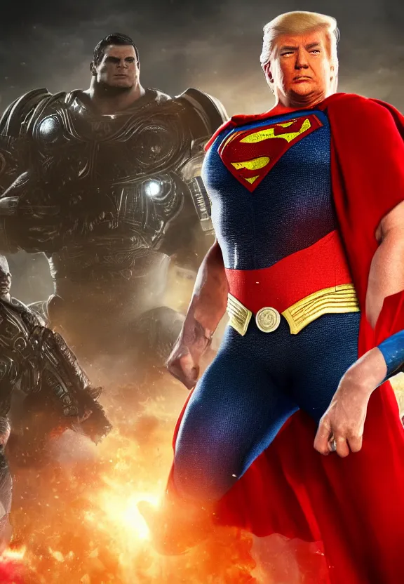 Image similar to Portrait of Donald Trump as superman in Gears of War, splash art, movie still, cinematic lighting, dramatic, octane render, long lens, shallow depth of field, bokeh, anamorphic lens flare, 8k, hyper detailed, 35mm film grain