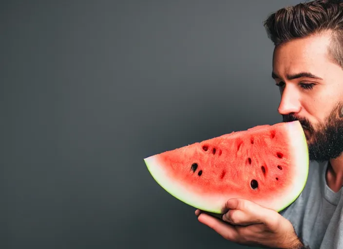 Image similar to photo still of a man with a watermelon for a head, 8 k, studio lighting bright ambient lighting key light, 8 5 mm f 1. 8