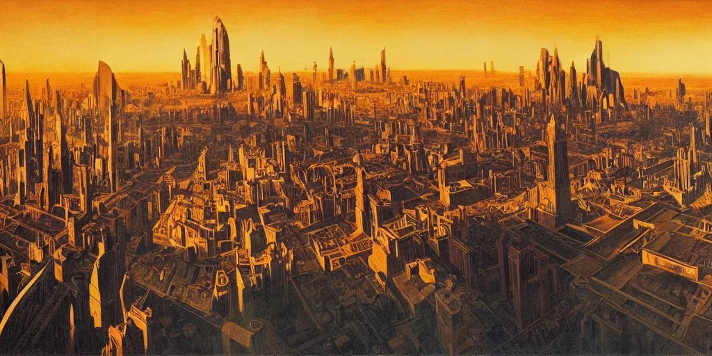 Prompt: a city made of impossible perspectives, golden hour, dramatic lighting, fluid, smooth, bright, colours, high contrast, sharpness, very detailed, intricate, by hildebrandt brothers, frazetta, giorgio de chirico and botticelli and max ernst