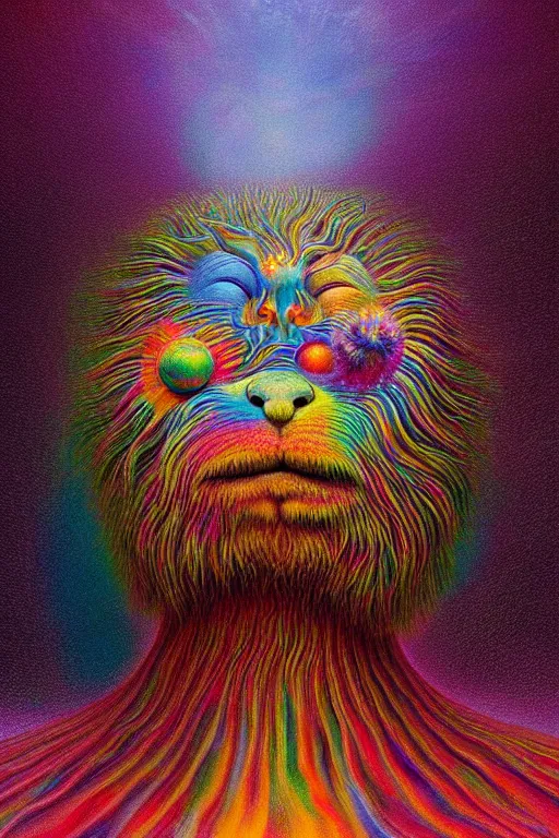 Image similar to hyperrealistic close-up baroque psychedelic!! celestial organic happy fluffy monster!! peaceful kind spirit of nature highly detailed concept art eric zener elson peter cinematic hard rainbow lighting high angle hd 8k sharp shallow depth of field, inspired by Zdzisław Beksiński