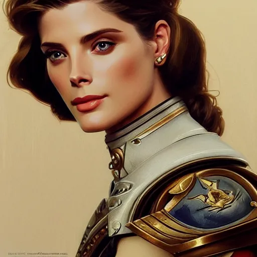 Image similar to Ashley Greene's and Grace Kelly's faces combined as a Space Marine, western, D&D, fantasy, intricate, elegant, highly detailed, digital painting, artstation, concept art, matte, sharp focus, illustration, art by Artgerm and Greg Rutkowski and Alphonse Mucha