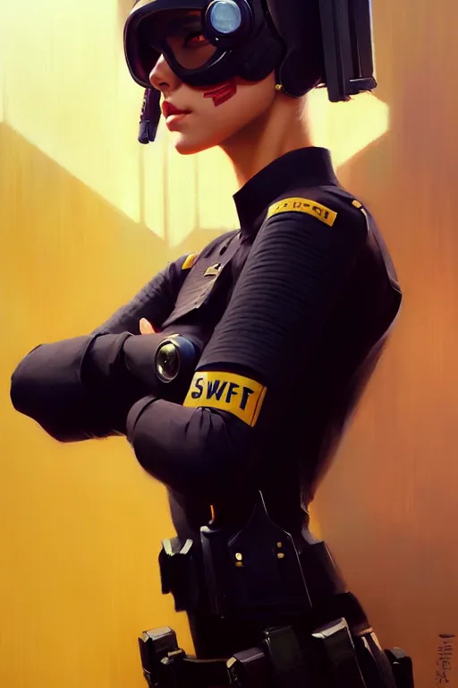 Image similar to a ultradetailed beautiful panting of a stylish swat woman, oil painting, by ilya kuvshinov, greg rutkowski and makoto shinkai, trending on artstation