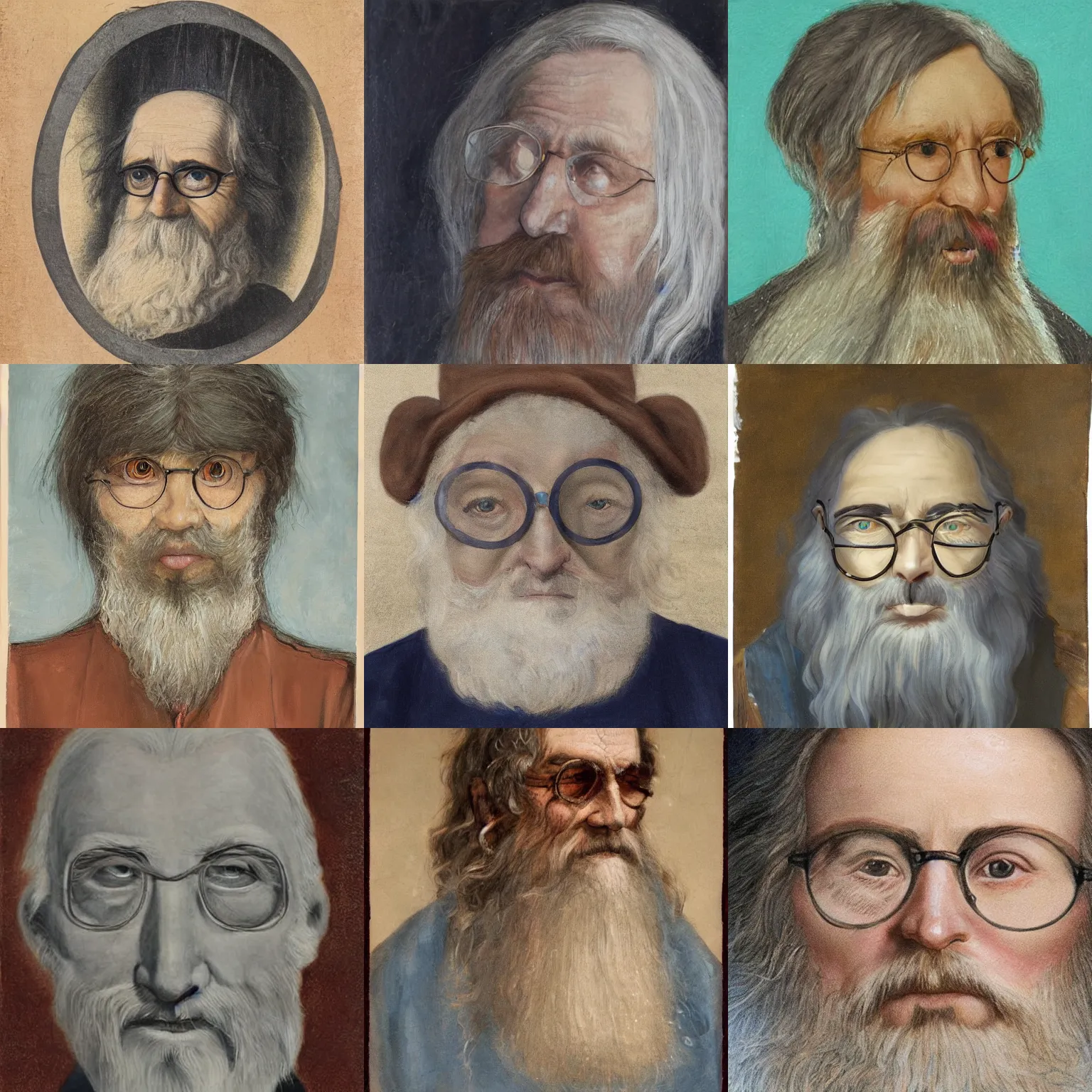 Prompt: face portrait of a thin very old wizard with long silver hair and beard and light blue eyes, small half - moon glasses and a long crooked nose, highly detailed, painting