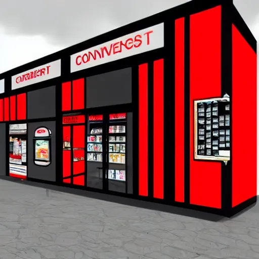 Prompt: Shopfront of a convenience store in black and red colours, award winning architectural design, best of retail