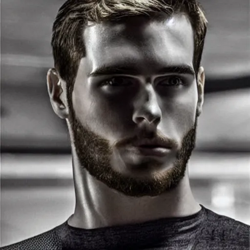 Image similar to “a realistic detailed photo of a guy who is an attractive humanoid who is half robot and half humanoid, who is a male android, Tyler Seguin, shiny skin, posing like a statue, blank stare”