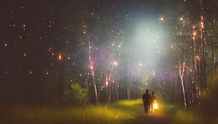 Image similar to a couple walking in the middle of fireflies the color of the moon, cinematic lighting, wow, establishing shot