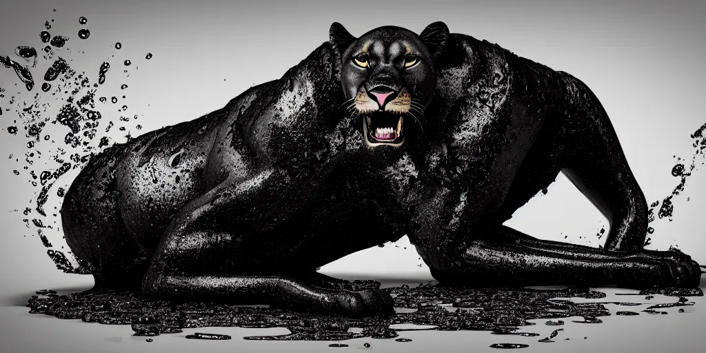 Image similar to a black lioness made of tar, bathing inside the bathtub full of tar, laying on their back, dripping ferrofluid, drooling ferrofluid. dslr, photography, realism, animal photography, modern bathroom, photorealistic, v - ray, goo, tar