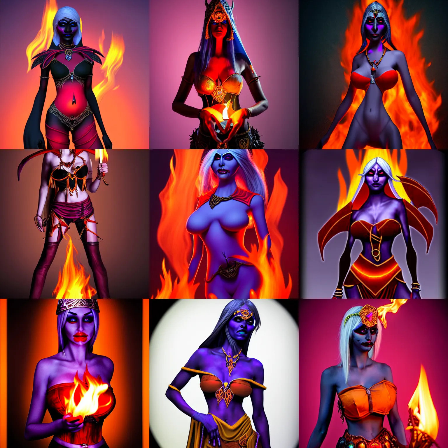 Prompt: realistic photo of a beautiful female drow priestess wearing a flame colored bustier