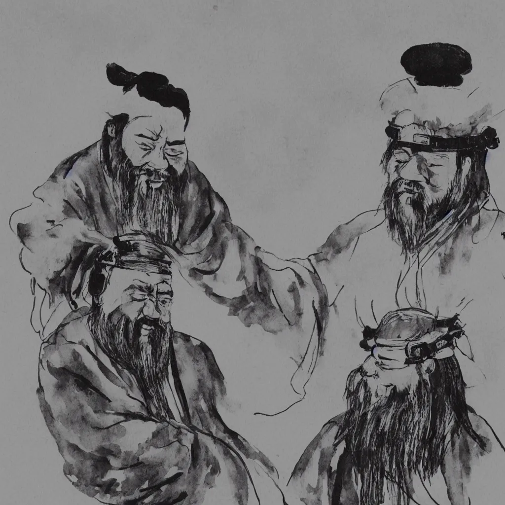 Image similar to confucius wearing vr headset, chinese ink painting