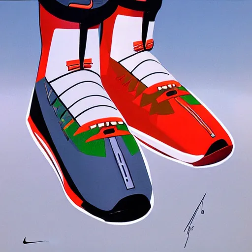 Image similar to retro futuristic Nike Lebron sneakers by syd mead, matte painting, geometric shapes