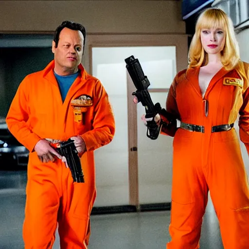 Prompt: vince vaughn as jack fenton, he is wearing an orange coveralls bodysuit with a big sci - fi gun belt, and christina hendricks as maddie fenton, she is wearing a tight teal coveralls bodysuit with a big sci - fi gun belt, movie photo, spooky netflix still shot, they are looking for ghosts