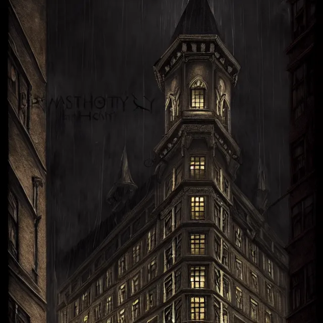 Image similar to spooky 1 5 - storey gothic hotel, boston 1 9 2 5 overlooking a dark street, photorealistic, dark, atmospheric lighting, painted, intricate, ultra detailed by leesha hannigan, thierry doizon, kai carpenter, well composed, best on artstation, cgsociety, epic, stunning, gorgeous, intricate detail, wow, masterpiece