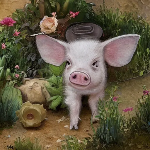 Image similar to cute and adorable little piggy 🐷 doing some gardening wearing a cute hat, highly detailed, digital painting, artstation, concept art, smooth, sharp focus, illustration, art by artgerm and greg rutkowski and alphonse mucha