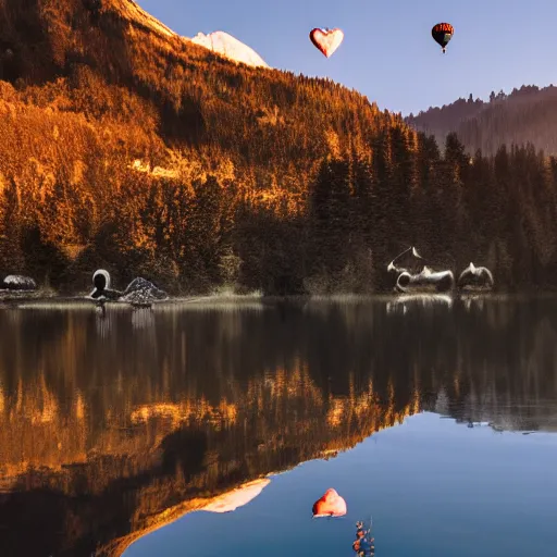 Image similar to photo of two black swans swimming in a beautiful reflective mountain lake, touching heads, forming a heart with their necks, a colorful hot air balloon is flying above the swans, hot air balloon, intricate, 8k highly professionally detailed, HDR, CGsociety