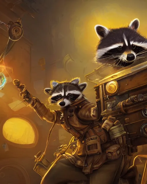 Prompt: Raccoon, Anthropomorphized, holding rocket launcher, Golden Steampunk city atmosphere, magic the gathering artwork, D&D, fantasy, cinematic lighting, centered, symmetrical, highly detailed, digital painting, artstation, concept art, smooth, sharp focus, illustration, volumetric lighting, epic Composition, 8k, art by Akihiko Yoshida and Greg Rutkowski and Craig Mullins, heroic pose, oil painting, cgsociety,