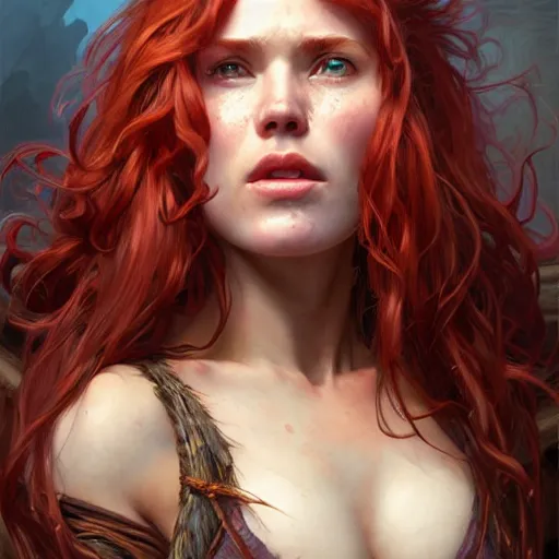 Image similar to portrait of a young ruggedly handsome buxom but joyful barbarian, female, feminine, upper body, red hair, long hair, d & d, fantasy, seductive smirk, intricate, elegant, highly detailed, digital painting, artstation, concept art, matte, sharp focus, illustration, art by artgerm and greg rutkowski and alphonse mucha