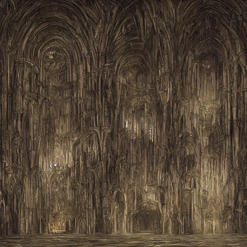 Prompt: digital painting of church interior designed by H R Giger, H.R. Giger style, Alien, Necronomicon, concept art, matte painting, digital painting, realism, 8K, RAW, unedited, symmetrical balance, in-frame