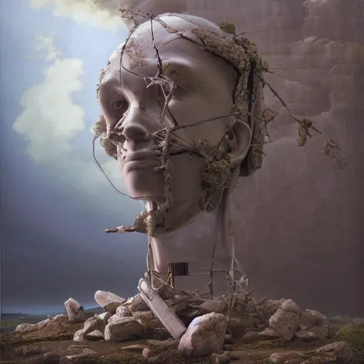 Image similar to hyperrealistic surrealism, david friedrich, award winning masterpiece with incredible details, zhang kechun, a surreal vaporwave vaporwave vaporwave vaporwave vaporwave painting by thomas cole of a gigantic broken mannequin head sculpture in ruins, astronaut lost in liminal space, highly detailed, trending on artstation