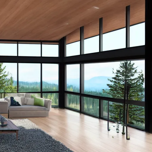 Image similar to architecture render of a beautiful modern living room with wood floors, large windows with a beautiful view, an area rug, forest, mountains, realistic, hd, 8 k, digital rendering, unreal engine, blender, octane, maya