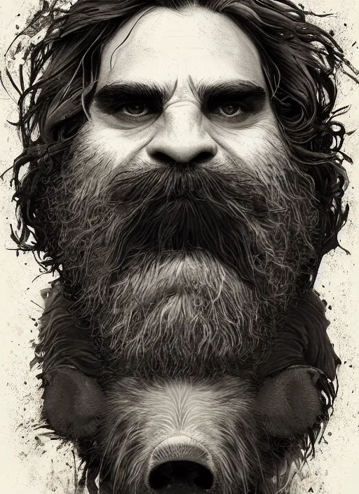 Image similar to a hyper detailed full face portrait of joaquin phoenix as the king of animals, cow, pig, sheep, chicken, horror, by anna podedworna, by miklos ligeti, by diego maricato, on artstation