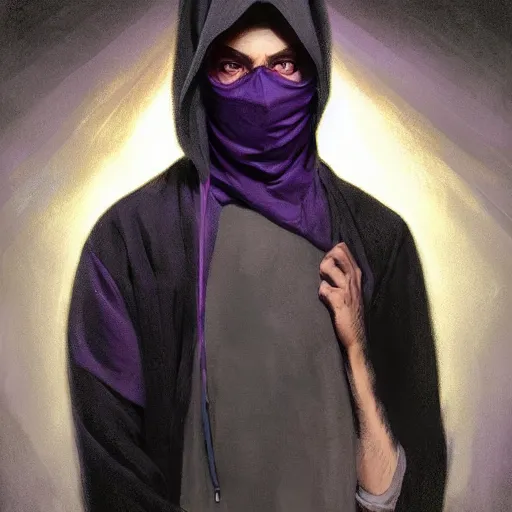 Image similar to ultra realistic illustration, man in a black hood, in a striped purple balaclava, mysterious, highly detailed, digital painting, artstation, concept art, smooth, sharp focus, illustration, art by artgerm and greg rutkowski and alphonse mucha