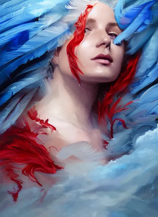 Image similar to a painting of a woman who made of curly and transparent feathers and cloud with red edges is holding a sword, a digital painting by charlie bowater, made of many translucent layers of blue feathers and cloud, metaphysical painting, speedpainting, digital painting, holographic undertones, highly saturated colors, 4 k, glossy eyes, concept art, trending on artstation