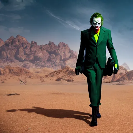 Prompt: A professional picture of the joker wearing a suit of enclave advanced power armor in the desert, 8k, dslr, cinematic, depth of field,