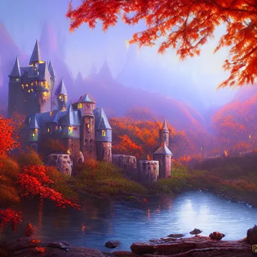 Prompt: Evil castle by Evgeny Lushpin, greg rutkowski,Dan Mumfordred,background mountains,autumn,halloween